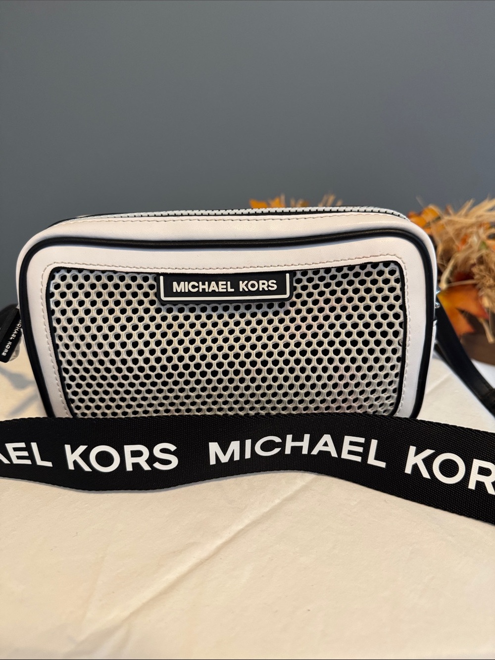Michael Kors White Leather Perforated Camera Belt Bag with Black Trim